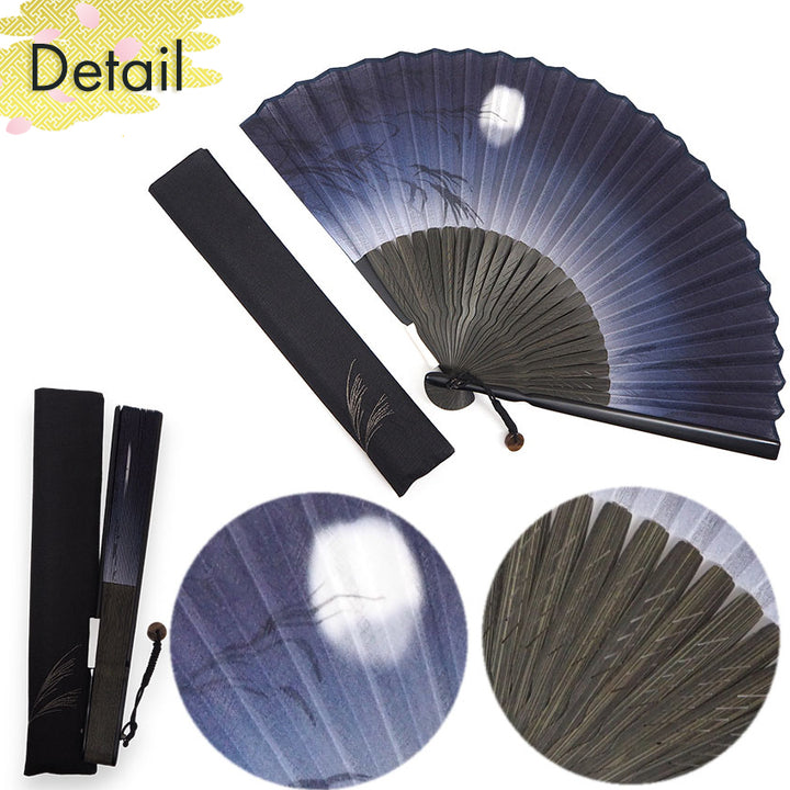 Folding Hand Fan for Men,Surface Cotton ,Bamboo Frame, Navy, pale gray gradation  base, pampas grass and hazy moon design