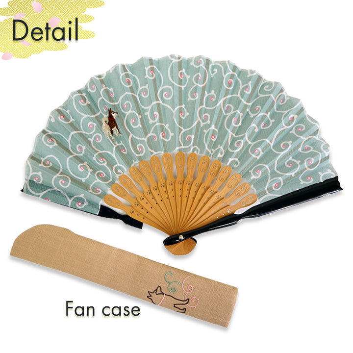 Folding Hand Fan for Lady's ,Surface Cotton, Bamboo Frame, Green base with Circles, Classic Arabesque Patterns and a Cute Dog Motif