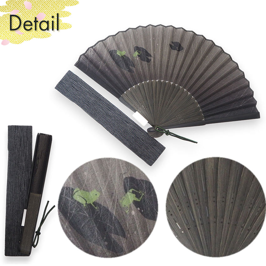 Folding Hand Fan for Men ,Surface Cotton, Bamboo Frame, Black base,  frogs playing with raindrops on lotus