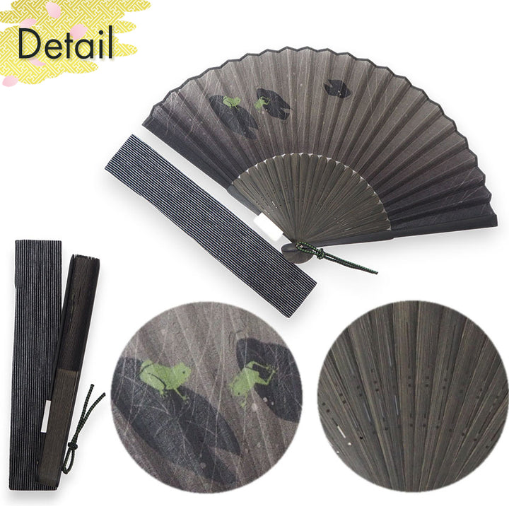 Folding Hand Fan for Men ,Surface Cotton, Bamboo Frame, Black base,  frogs playing with raindrops on lotus