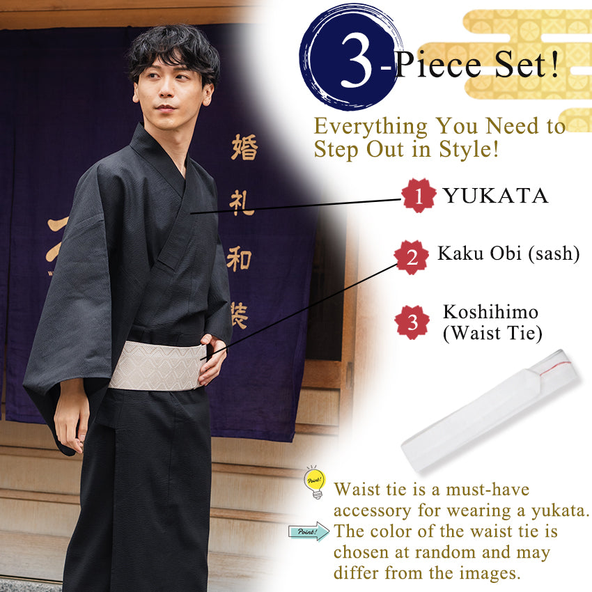 Men's Yukata Cotton & Linen Coordinate Set For Beginners : Solid Black Yukata