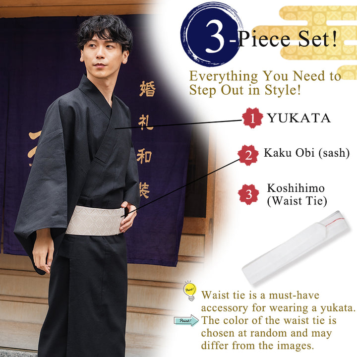Men's Yukata Cotton & Linen Coordinate Set For Beginners : Solid Black Yukata