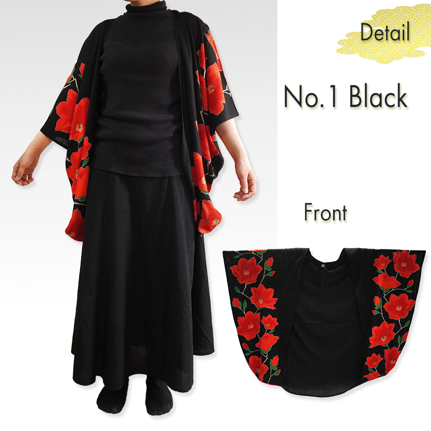 Lady's Haori , Kimono Cardigan -Black , White base – Magnolia pattern