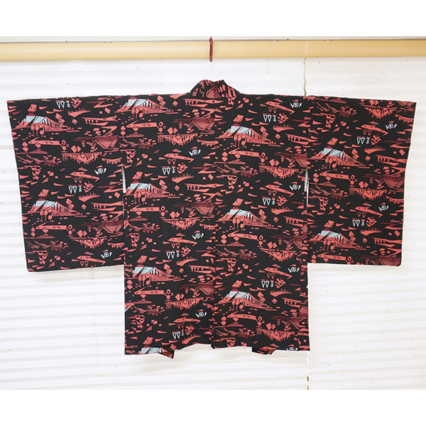 Vintage Haori Kimono Jacket Silk, Black base,Scenic Motifs