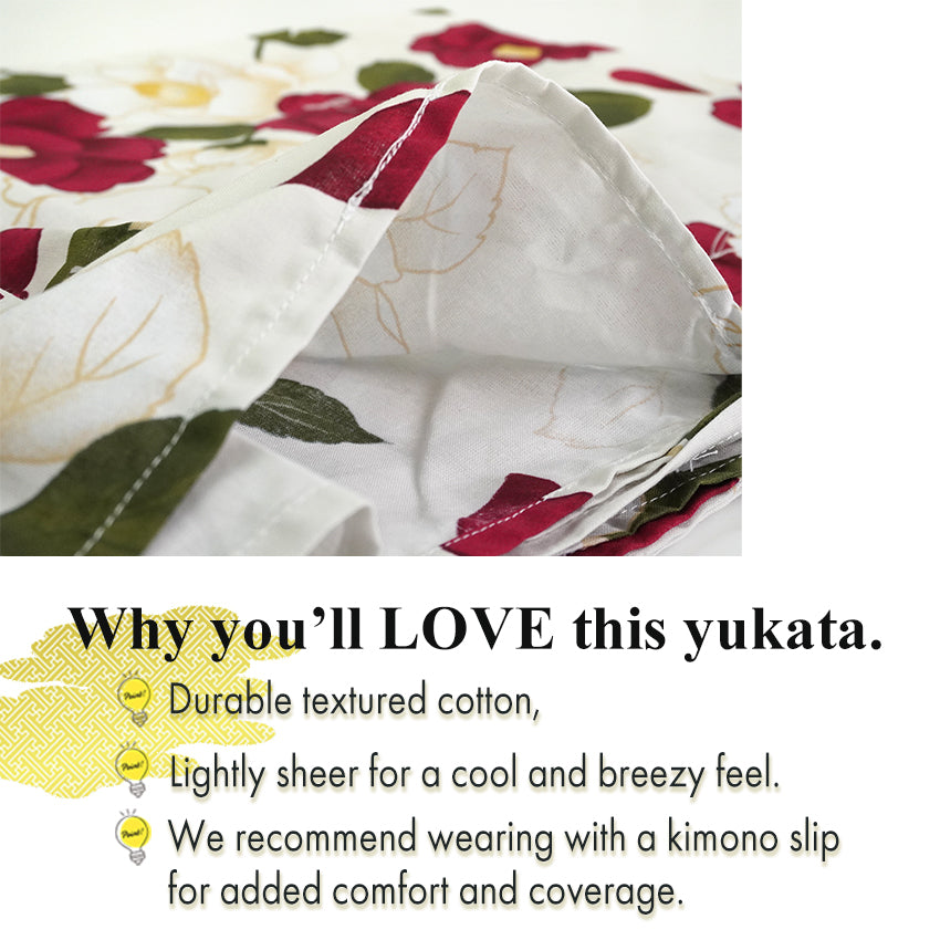 Plus‑Size Women's Cotton Yukata (3L/4L/5L), Casual Summer Kimono – Light Beige with Red Camellia Pattern