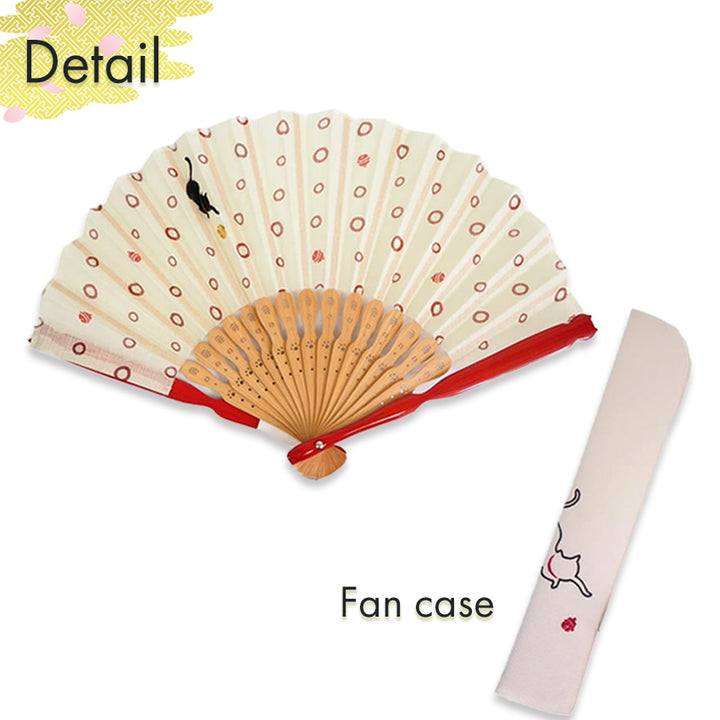 Folding Hand Fan for Lady's ,Surface Cotton, Bamboo Frame, Light Beige base with Circular Motifs and an Adorable Cat Design