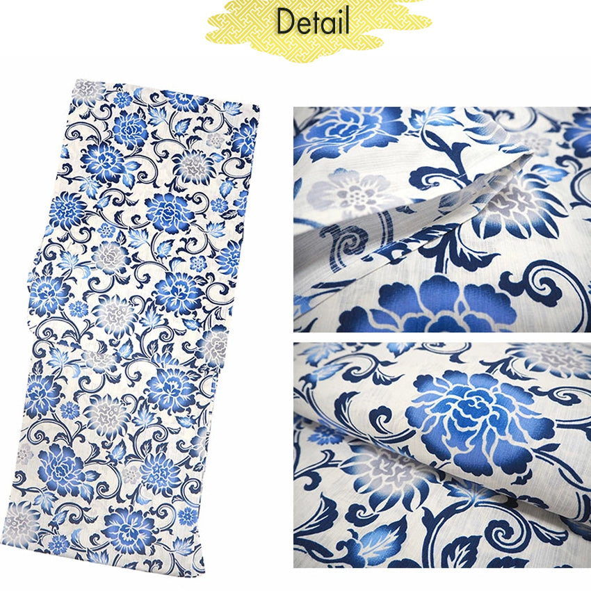 Women's Cotton Yukata, Casual Summer Kimono - White Base with Blue, Gray, and Navy Floral Arabesque