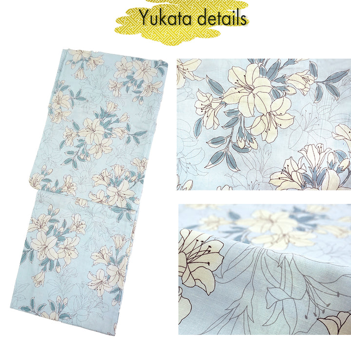 Women's Lightweight Cotton Yukata ＆Obi -2piece Coordinate set-, Casual Summer Kimono - Light Blue Base with Lily Pattern