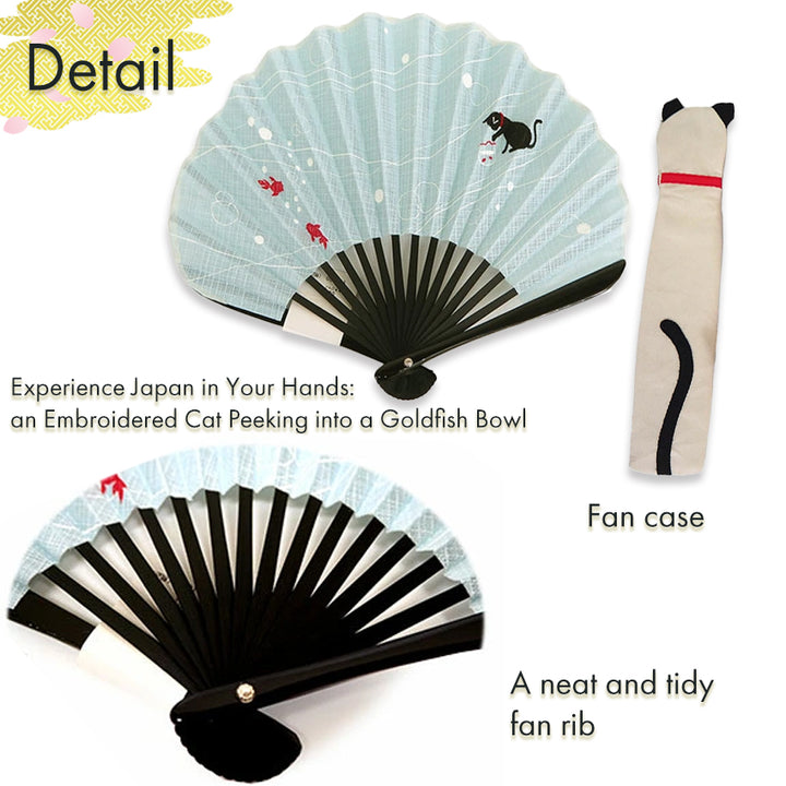 Folding Hand Fan for Lady's ,Surface Cotton, Bamboo Frame, Light Blue base with Cat peeking into a goldfish bowl