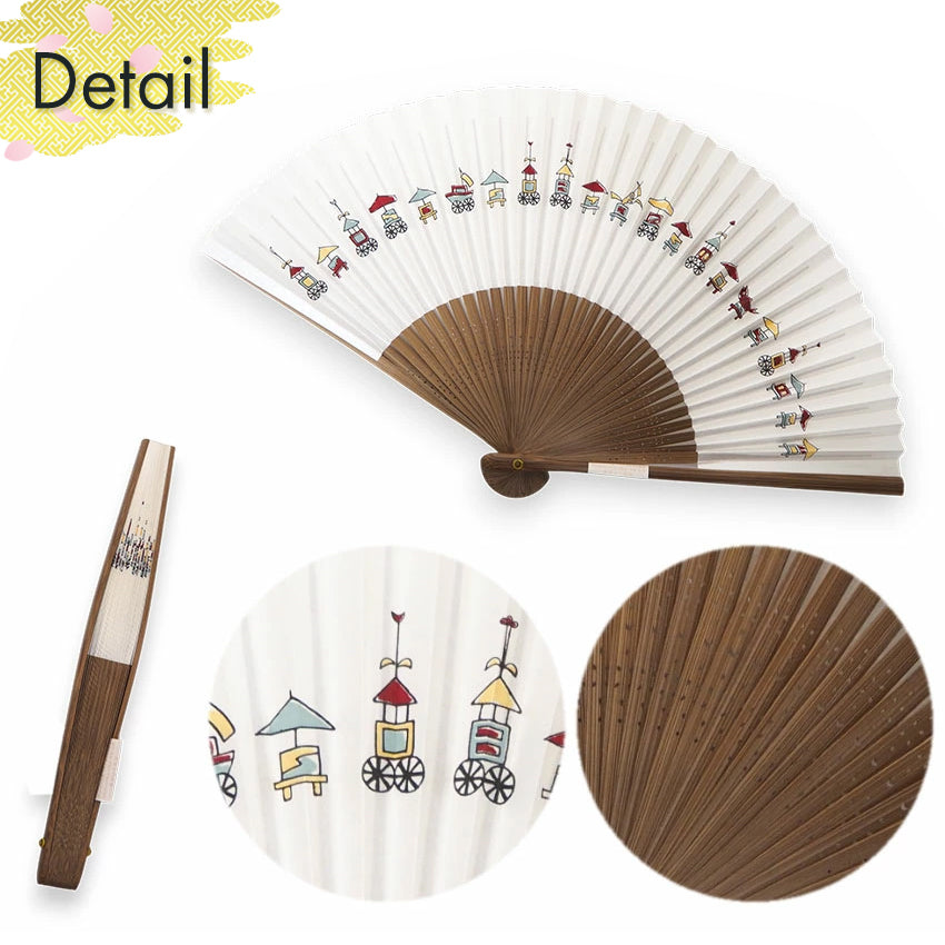 Folding Hand Fan for Men ,Surface Paper, Bamboo Frame, White base,This fan captures the iconic Kyoto festivals pattern