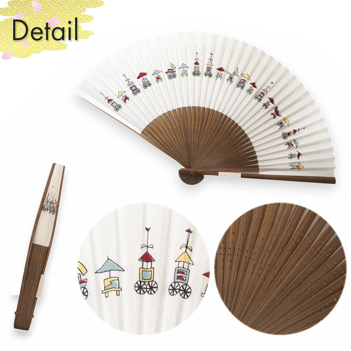 Folding Hand Fan for Men ,Surface Paper, Bamboo Frame, White base,This fan captures the iconic Kyoto festivals pattern