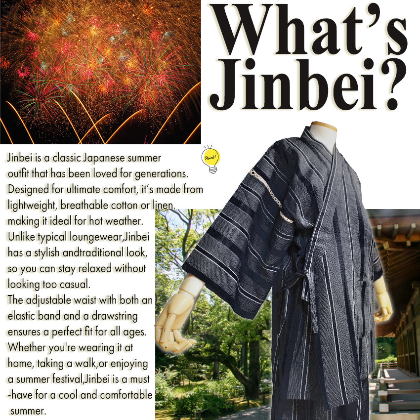 Men’s Cool & Comfortable Jinbei, Black Base with Subtle White & Blue Stripes – Lightweight Cotton ＆Linen Summer Loungewear, Sleepwear