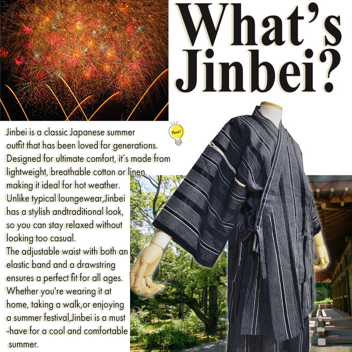 Men’s Cool & Comfortable Jinbei, Black Base with Subtle White & Blue Stripes – Lightweight Cotton ＆Linen Summer Loungewear, Sleepwear