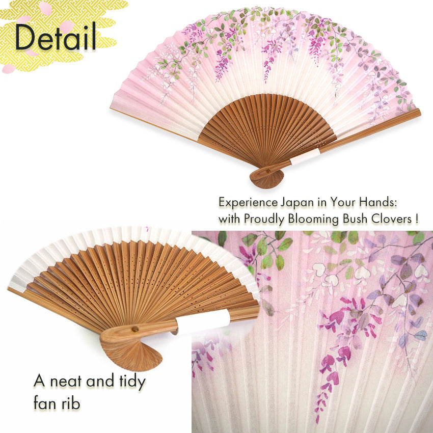 Folding Hand Fan for Lady's ,Surface Paper, Bamboo Frame, White/Pink Gradation base with Flower Bush Clover