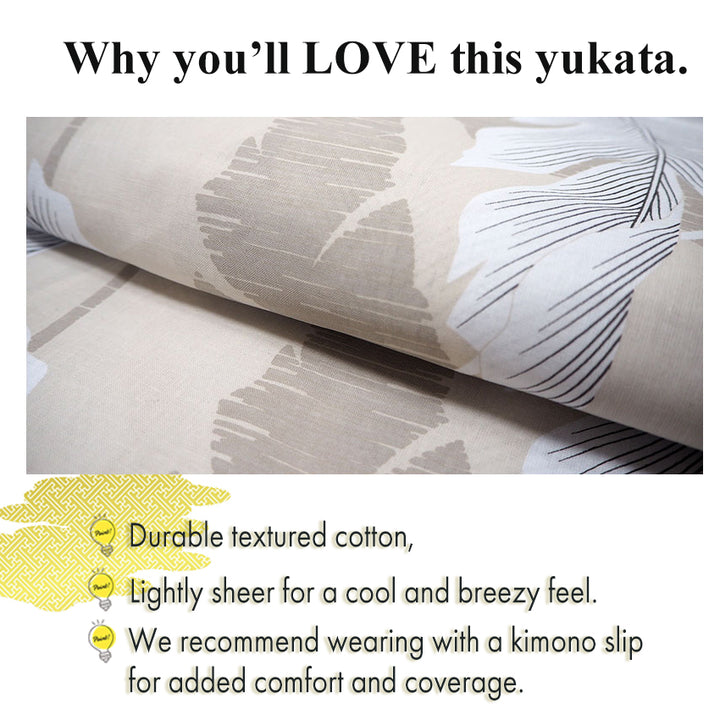 Women's Cotton Yukata, Casual Summer Kimono -Beige Base with large banana leaves (bashō) for a bold and tropical-inspired look.