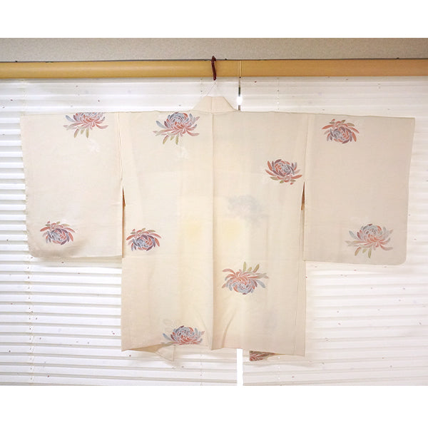 Vintage Haori Kimono Jacket Silk, Ivory Beige base,Chrysanthemums