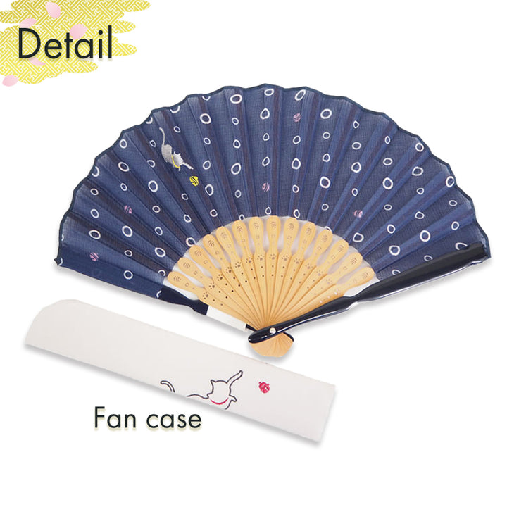 Folding Hand Fan for Lady's ,Surface Cotton, Bamboo Frame, Navy base with Circular Motifs and an Adorable Cat Design