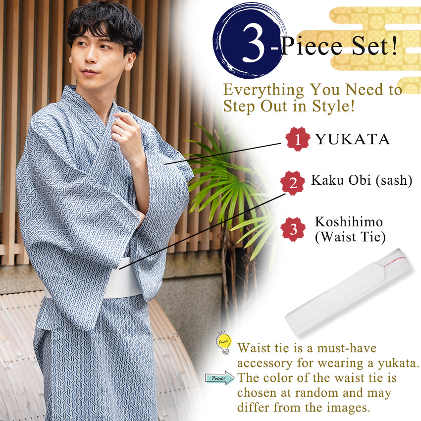 Men's Yukata Cotton Coordinate Set For Beginners : Blue-Gray with Geometric Design Yukata