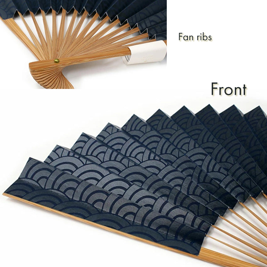 Folding Hand Fan for Men ,Surface Paper, Bamboo Frame, Deep blue base , Seigaiha (blue ocean waves) pattern