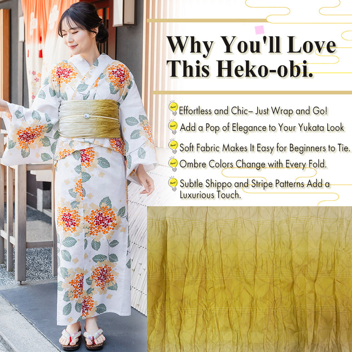 Soft Heko Obi - Lightweight Japanese Kimono Belt for Yukata or Casual Wear Khaki Yellow