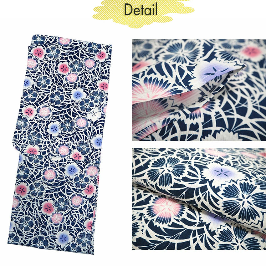 Women's Cotton Yukata, Casual Summer Kimono -Navy Base with Nadeshiko Flowers