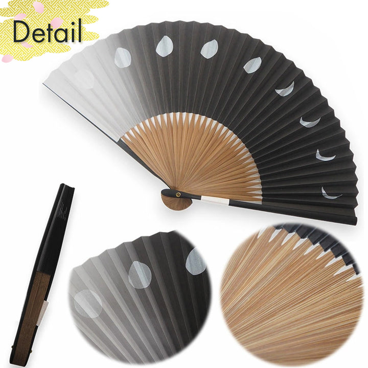 Folding Hand Fan for Men ,Surface Paper, Bamboo Frame, Black base, shimmering silver moons pattern