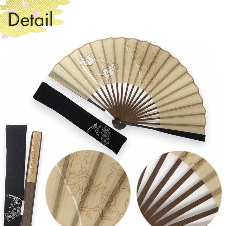 Folding Hand Fan for Men,Surface Cotton ,Bamboo Frame,  Beige base ,  “Chōjū-giga” animal caricatures  design