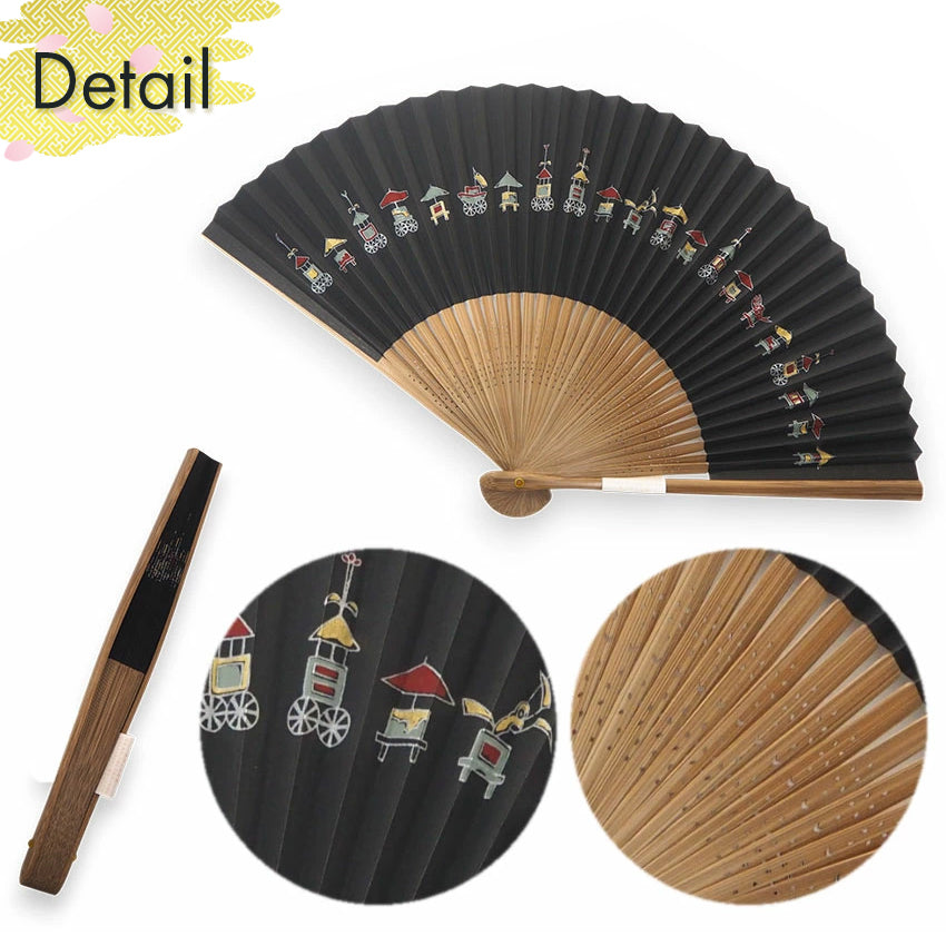 Folding Hand Fan for Men ,Surface Paper, Bamboo Frame, Black base,This fan captures the iconic Kyoto festivals pattern