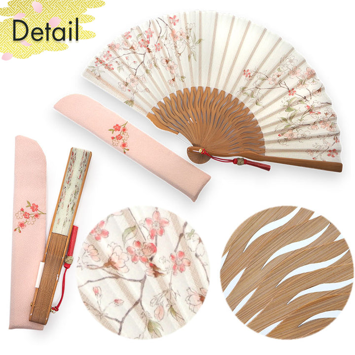 Folding Hand Fan for Lady's ,Surface Cotton, Bamboo Frame, Wakakusa -light green with pink-blushed cherry blossoms, slightly sheer