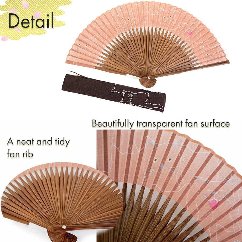 Folding Hand Fan for Lady's ,Surface Cotton, Bamboo Frame, Pink Beige base Singing Cat Pattern