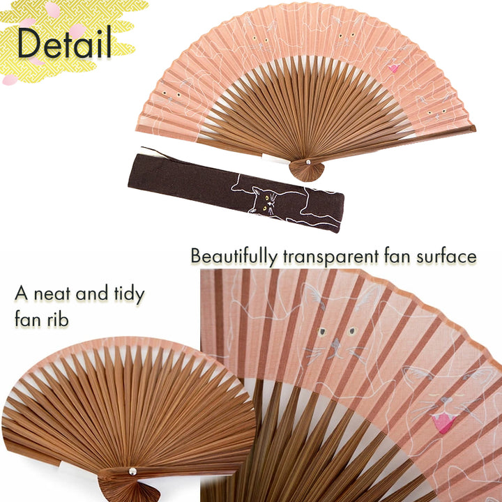 Folding Hand Fan for Lady's ,Surface Cotton, Bamboo Frame, Pink Beige base Singing Cat Pattern