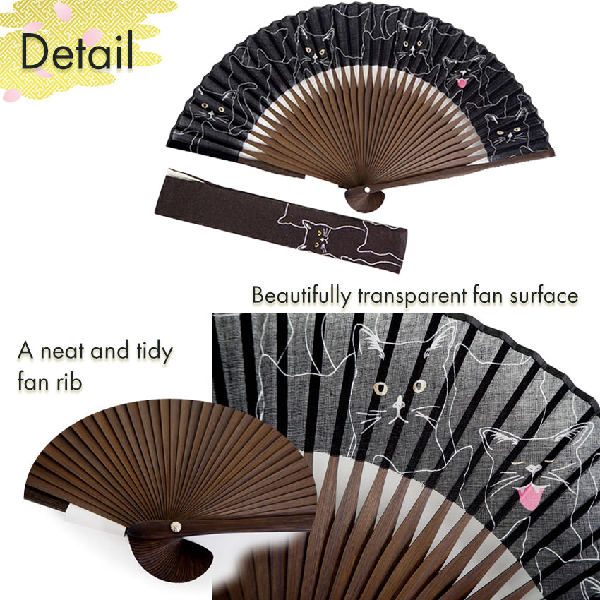 Folding Hand Fan for Lady's ,Surface Cotton, Bamboo Frame, Black base Singing Cat Pattern