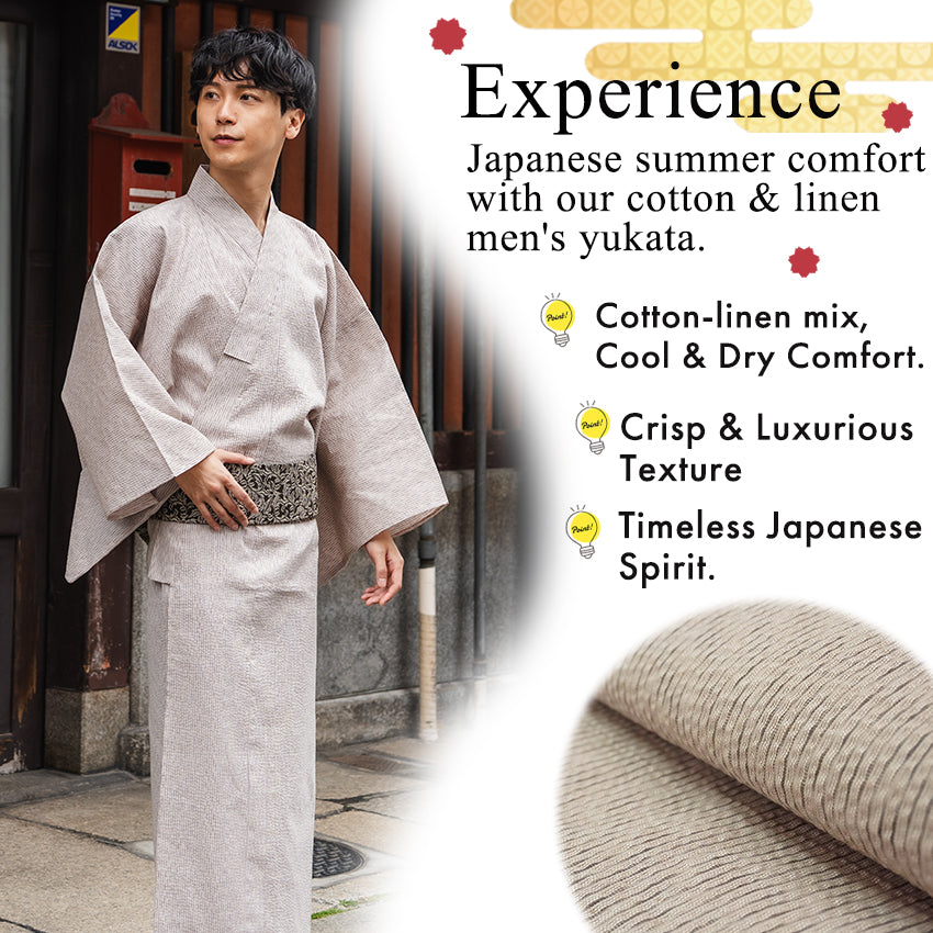 Men's Yukata Cotton & Linen : Beige with Broken Stripe Pattern Yukata