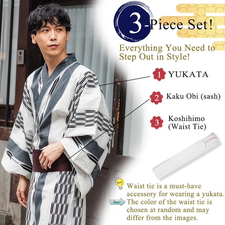 Men's Yukata Cotton Coordinate Set For Beginners : Off-White Yagasuri Yukata