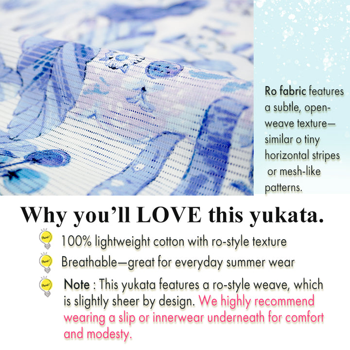 Lightweight Cotton Yukata for Women, blue base, vegetables, cats, birds pattern– Inspired by Kaneko Misuzu’s Poetry, Summer Japanese Kimono Robe