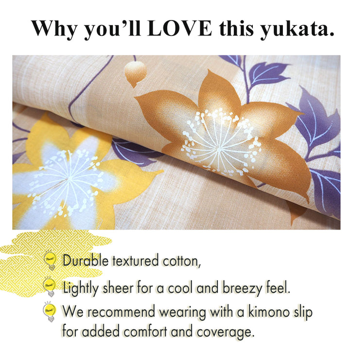 Women's Cotton Yukata, Casual Summer Kimono -Light beige Base,  “yagasuri” (arrow feather) patterns with clematis flowers