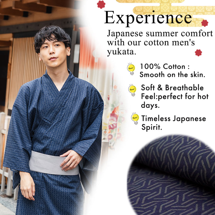Men's Yukata Cotton : Navy with Geometric Stripes Yukata