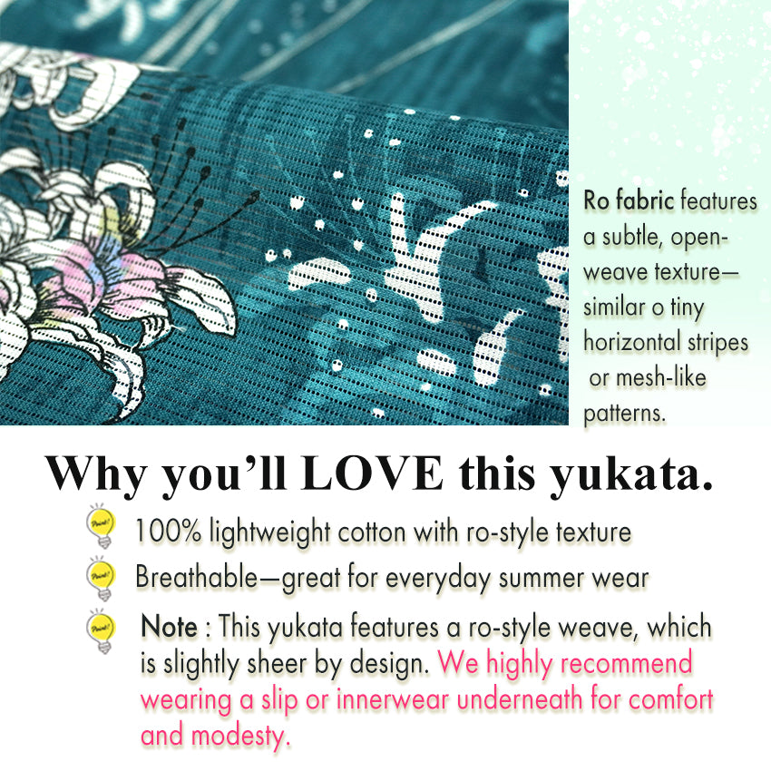 Lightweight Cotton Yukata for Women, vivid blue-green base, Spider lilies Flowers pattern– Inspired by Kaneko Misuzu’s Poetry, Summer Japanese Kimono Robe