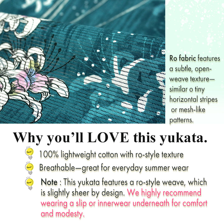 Lightweight Cotton Yukata for Women, vivid blue-green base, Spider lilies Flowers pattern– Inspired by Kaneko Misuzu’s Poetry, Summer Japanese Kimono Robe