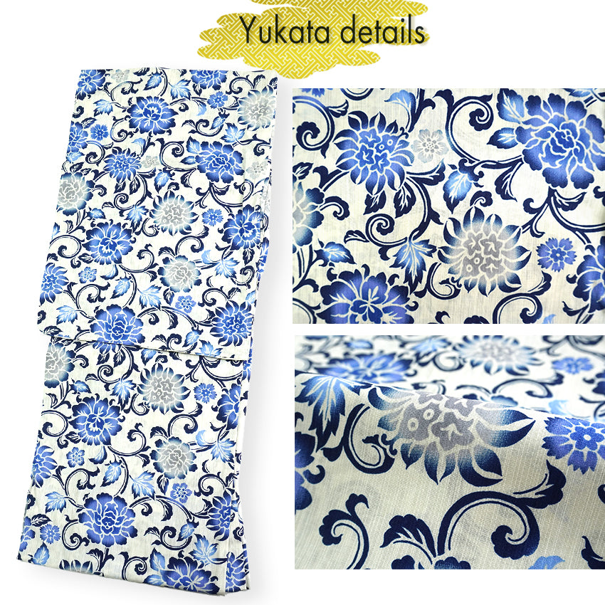 Women's Lightweight Cotton Yukata ＆Obi -2piece Coordinate set, Casual Summer Kimono  - White Base with Blue, Gray, and Navy Floral Arabesque