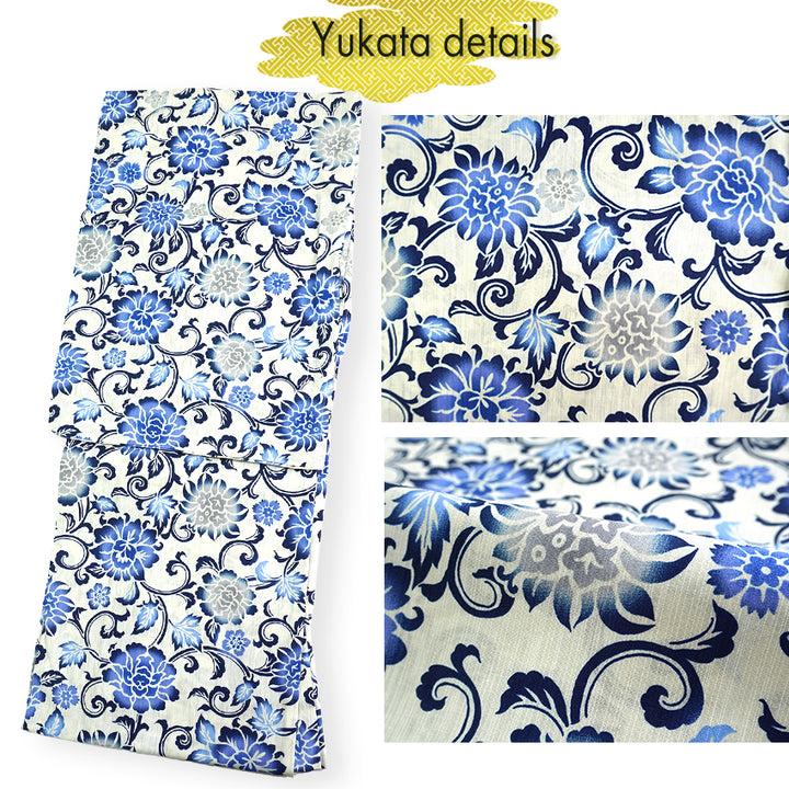 Women's Lightweight Cotton Yukata ＆Obi -2piece Coordinate set, Casual Summer Kimono  - White Base with Blue, Gray, and Navy Floral Arabesque