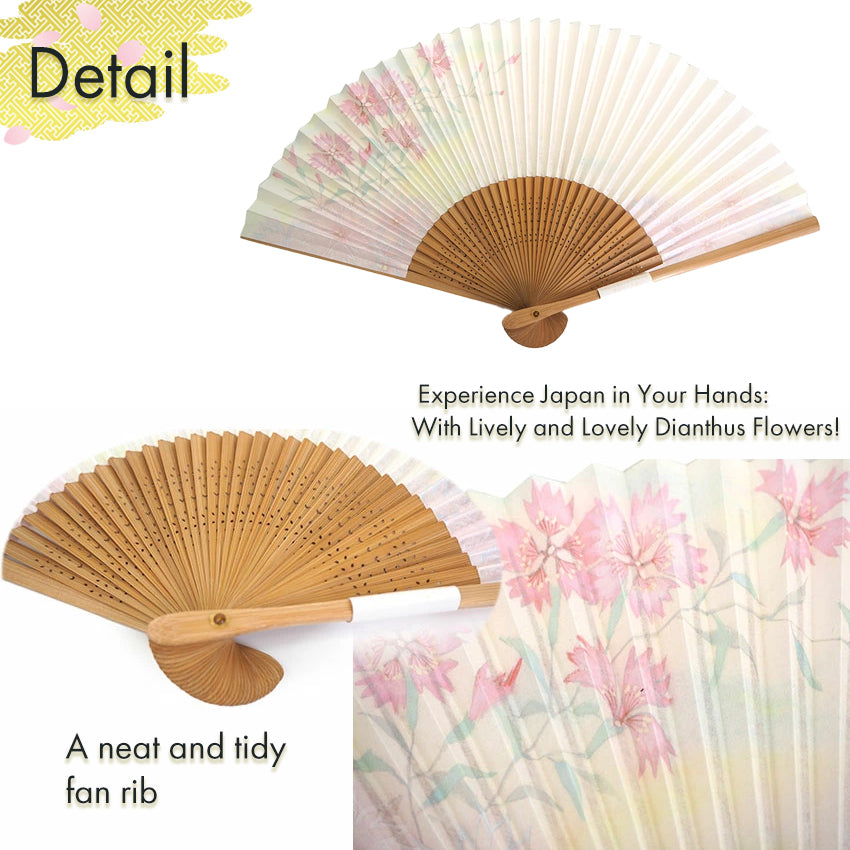 Folding Hand Fan for Lady's ,Surface Paper, Bamboo Frame, White/Cream Gradation base with Flower, Pink Dianthus