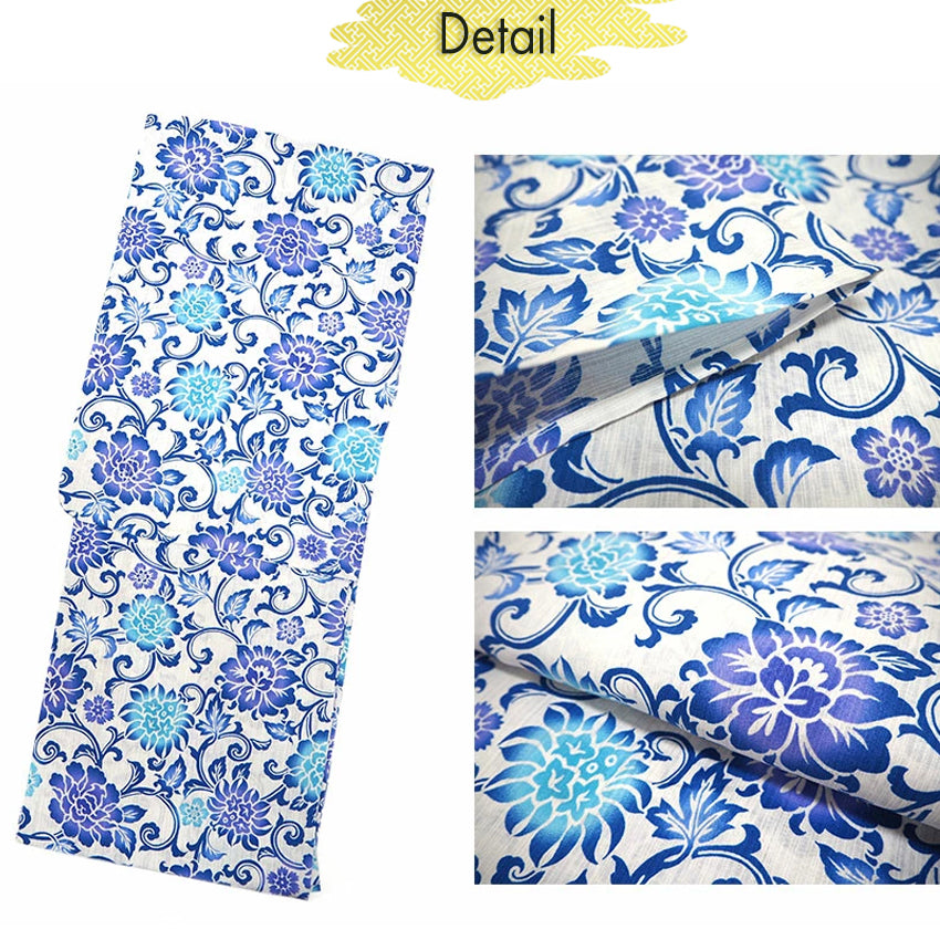 Women's Cotton Yukata, Casual Summer Kimono -White Base with Blue, Light Blue, and Blue-Violet Floral Arabesque