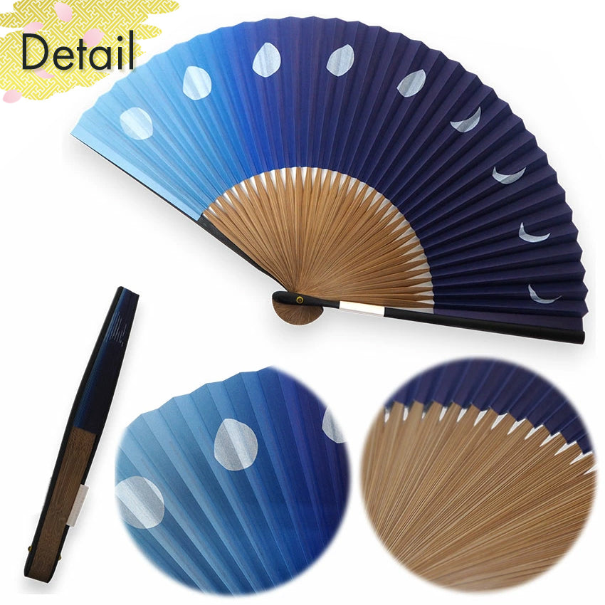Folding Hand Fan for Men ,Surface Paper, Bamboo Frame, Blue base, shimmering silver moons pattern
