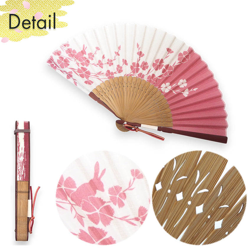 Folding Hand Fan for Lady's ,Surface Cotton, Bamboo Frame, Pink (white & deep pink with pinks and hidden rabbits, slightly sheer)