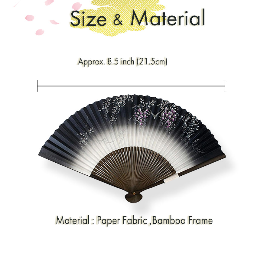 Folding Hand Fan for Lady's, Paper Fabric ,Bamboo Frame,Deep navy & Off white base, elegant wisteria design