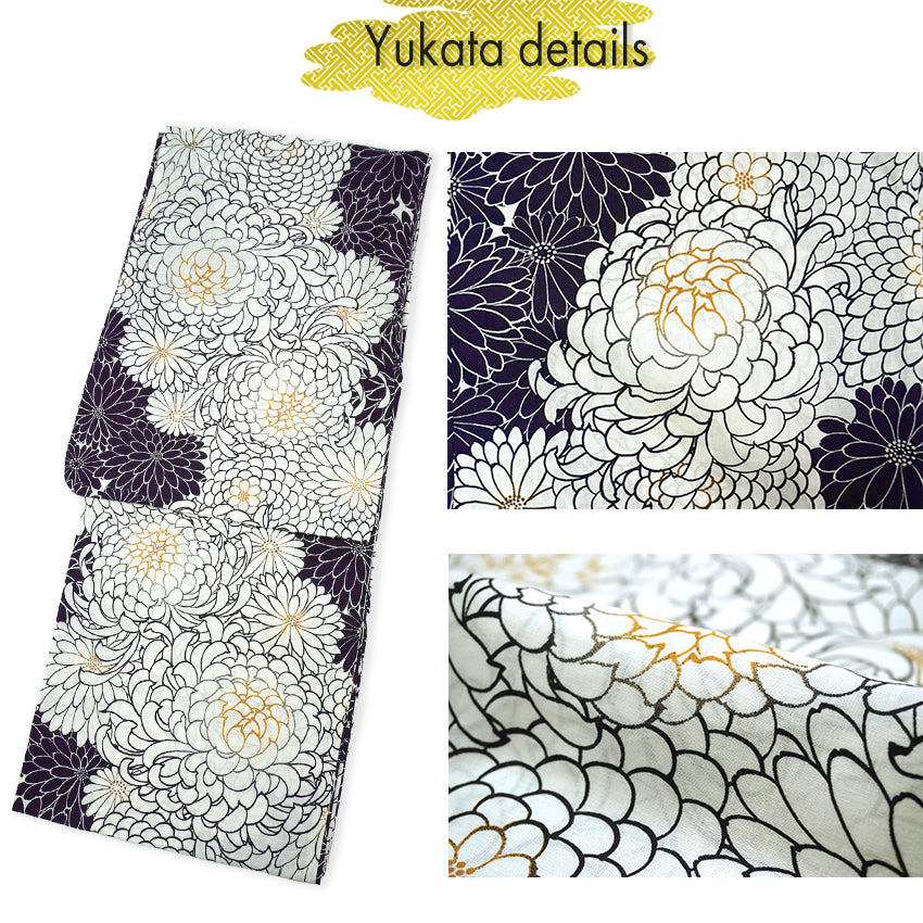 Women's Lightweight Cotton Yukata ＆Obi -2piece Coordinate set, Casual Summer Kimono -White Base with Chrysanthemum Allover