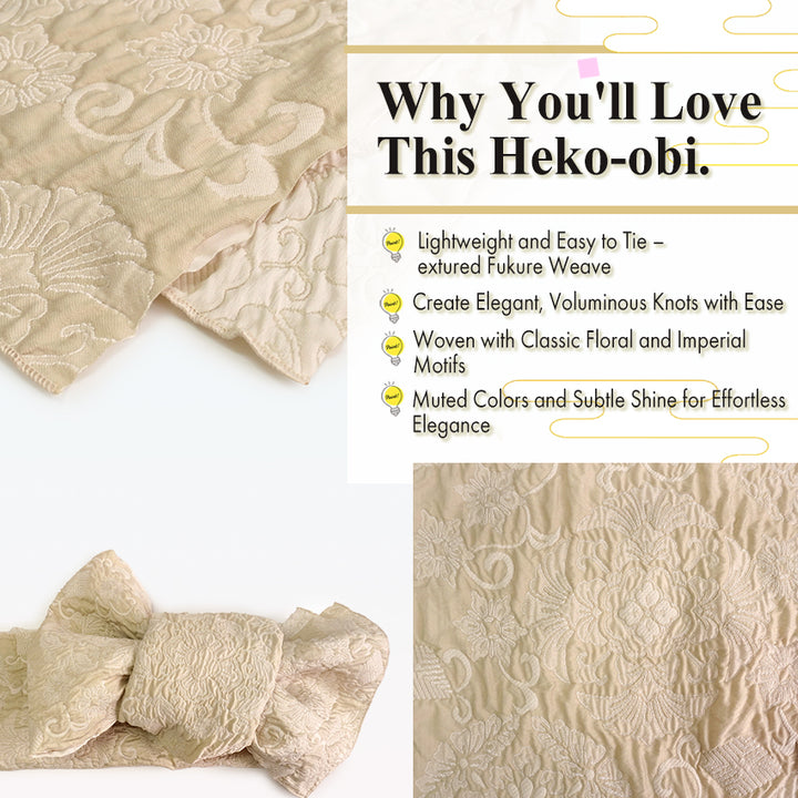 Soft Heko Obi - Lightweight Japanese Kimono Belt for Yukata or Casual Wear Ivory Traditional Motif