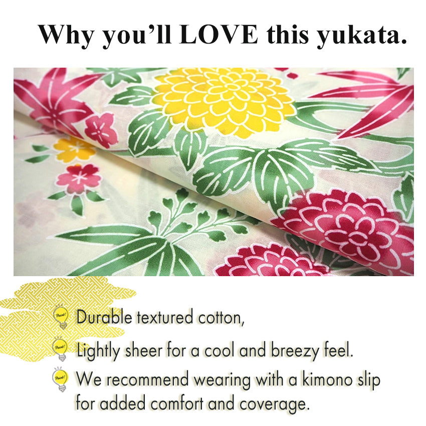 Women's Cotton Yukata, Casual Summer Kimono -Light Beige Base with Pink and yellow Autumn leaves and chrysanthemums