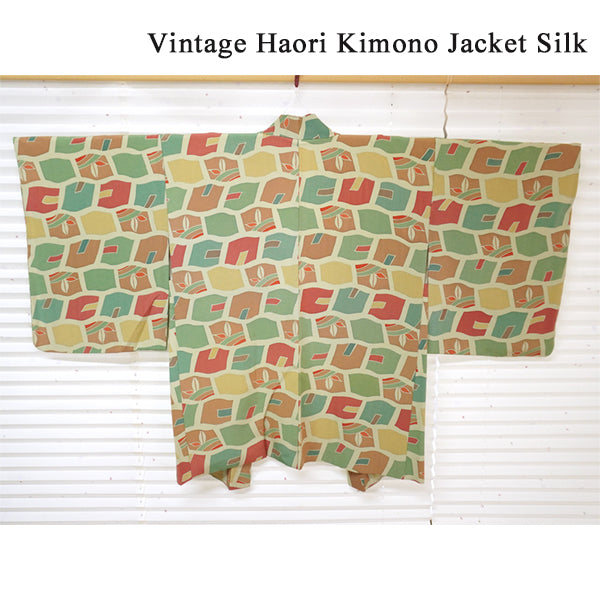 Vintage Haori Kimono Jacket Silk, Green base, Colorful Geometric Pattern